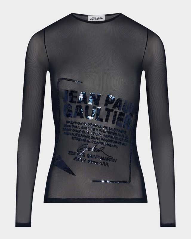 Sequined Label Mesh Long-Sleeve Top